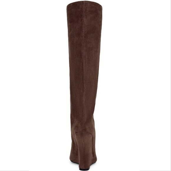 AZALEA WANG Vincent Knee High Open Toe Boots 6.5 Wedge Heel Brown Suede NEW - Picture 4 of 14